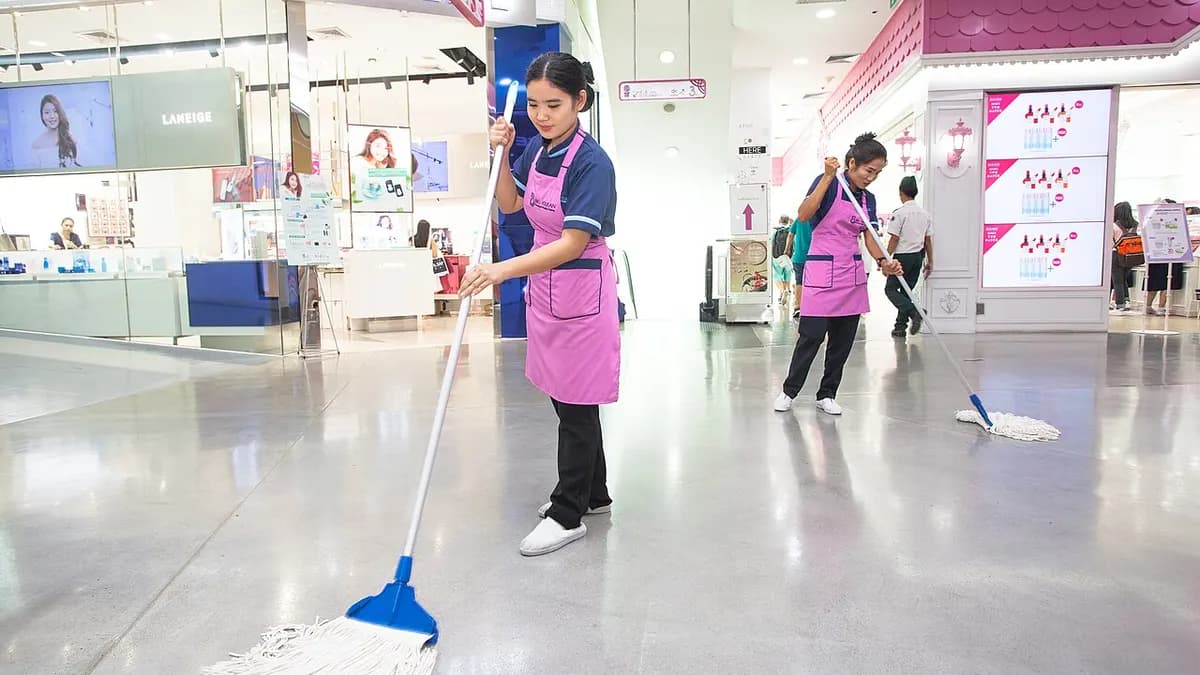 A commercial cleaner performing hands-on work in a business
