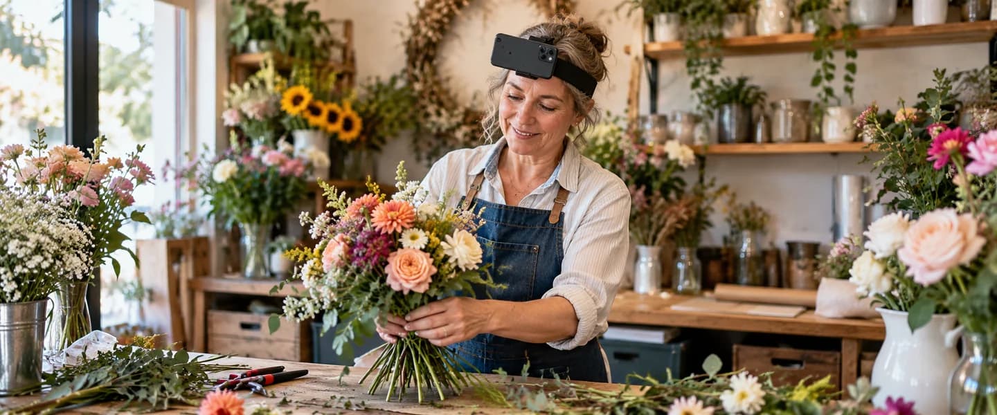 A flower-shop owner recording while arranging flowers