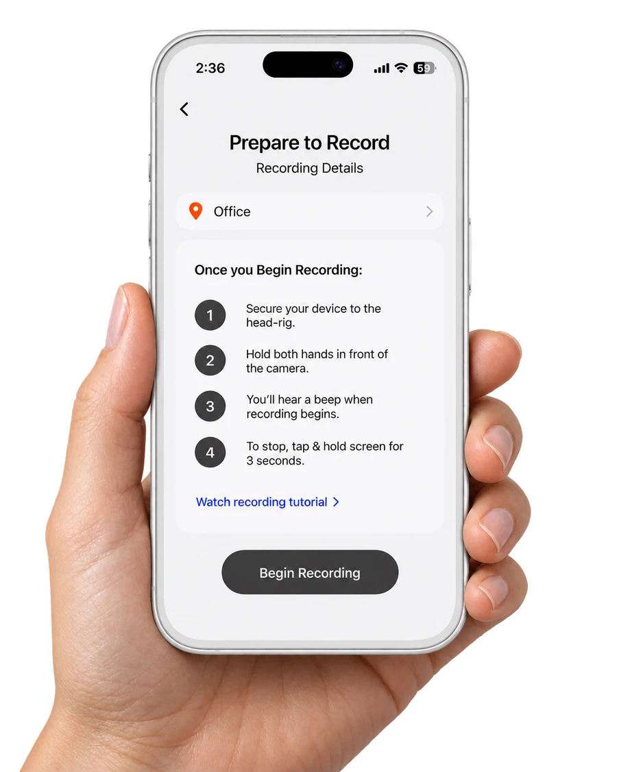 Illustration of a hand holding a white phone displaying the Shift app’s Prepare to Record screen